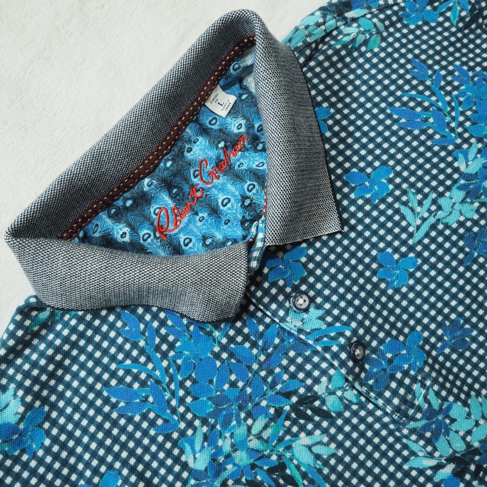 Robert Graham Sz L Blue Floral Check Polo 100% Cotton